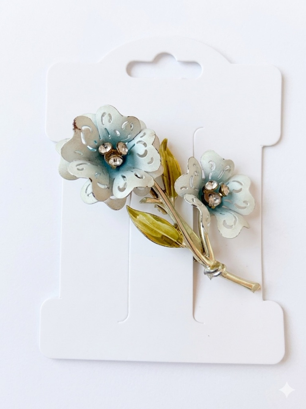 Vintage 1960s Blue Enamel Flower Brooch | Robin's Egg Blue Floral Spray Pin - Picture 2 of 5
